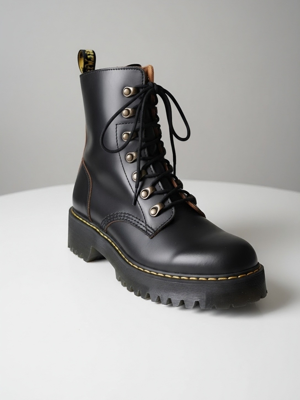 Black Leather Lace-Up Platform Combat Boot